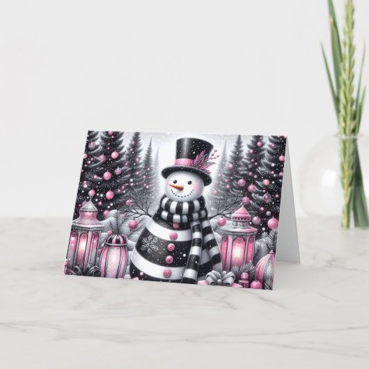 Pretty Pink and Black Snowman Christmas シーズンカード (正面)