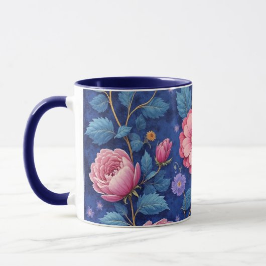 Pretty pink and blue floral pattern マグカップ (左)