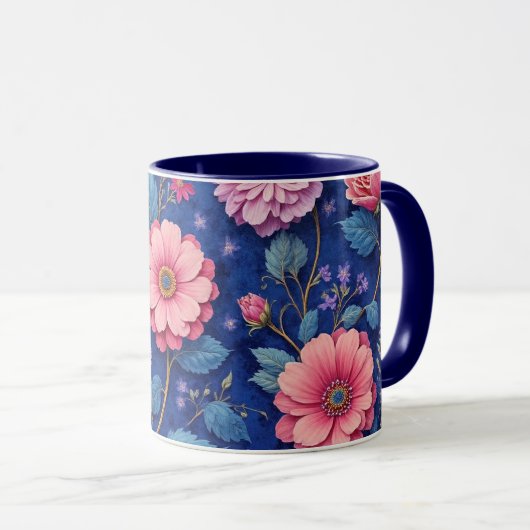 Pretty pink and blue floral pattern マグカップ (正面右)