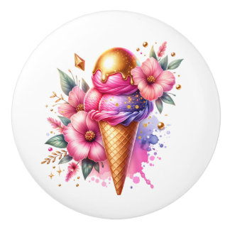 Pretty Pink and Gold Ice Cream Cone Birthday セラミックノブ
