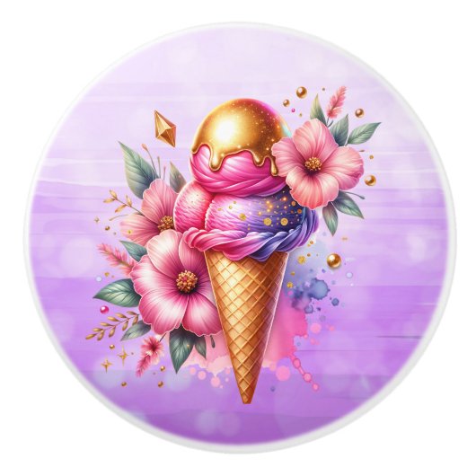 Pretty Pink and Gold Ice Cream Cone Birthday セラミックノブ (正面)