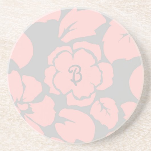 Pretty Pink and Grey Floral Monogram コースター (正面)
