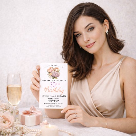 Pretty Pink and Orange Tulip 30th Birthday 招待状