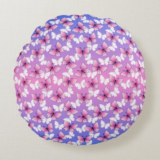 Pretty Pink and White Butterfly Round Pillow  ラウンドクッション (正面)