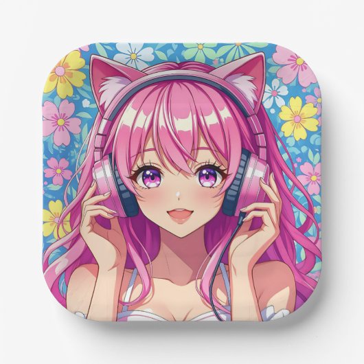 Pretty Pink Anime Girl's Birthday Party ペーパープレート (正面)