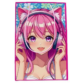 Pretty Pink Anime Girl's Birthday Party ミディアムペーパーバッグ