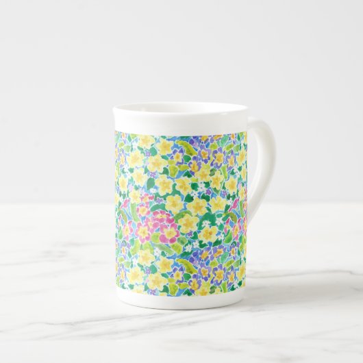 Pretty Pink, Blue, Yellow Primroses Bone China Mug ボーンチャイナマグカップ (正面右)