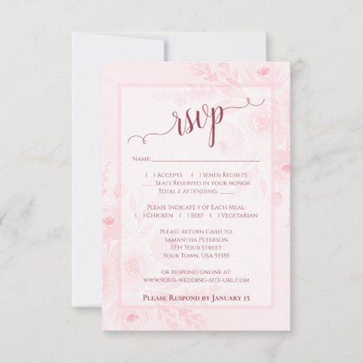 Pretty Pink Boho Chic Watercolor Peonies Wedding 出欠カード (正面)