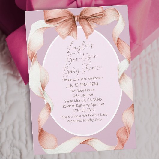 Pretty Pink Bow Boutique Baby Shower 招待状