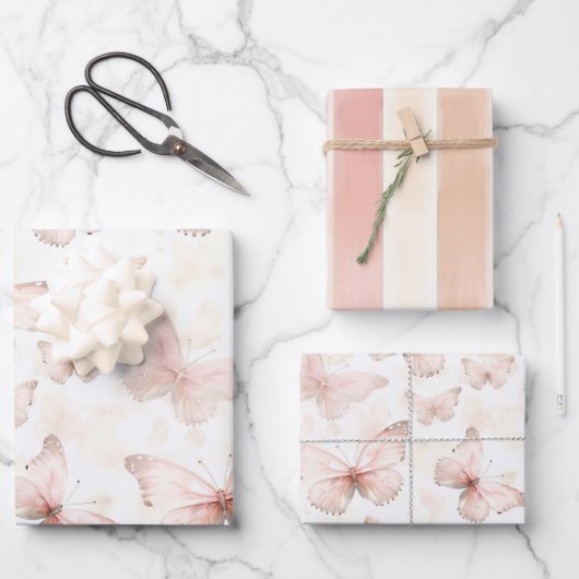 Pretty Pink Butterflies Birthday ラッピングペーパーシート (正面)
