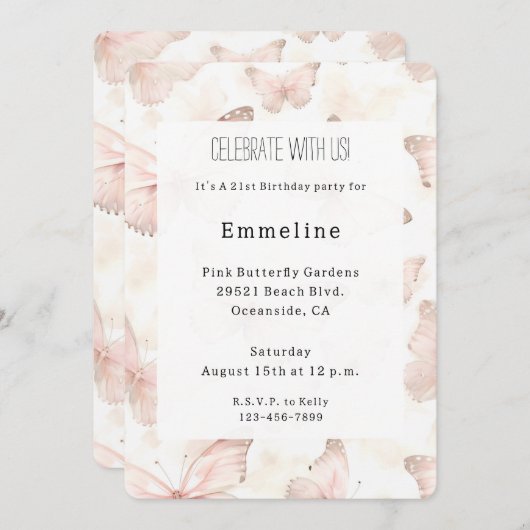 Pretty Pink Butterflies Birthday   招待状 (正面/裏面)