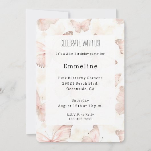 Pretty Pink Butterflies Birthday   招待状 (正面)