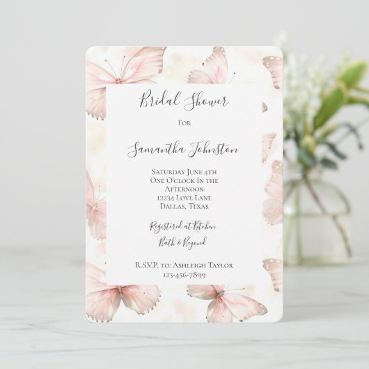 Pretty Pink Butterflies Bridal Shower 招待状 (スタンド正面)