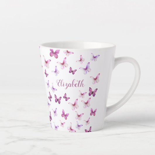 Pretty Pink Butterflies Custom Name カフェラテマグ (右)