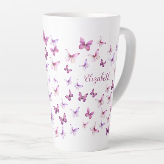 Pretty Pink Butterflies Custom Name カフェラテマグ (右アングル)
