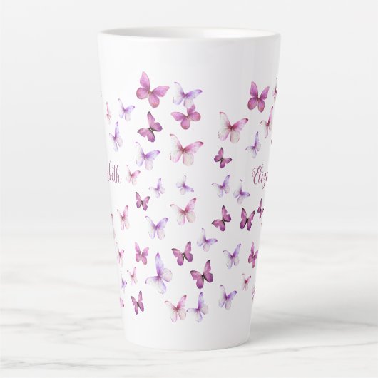 Pretty Pink Butterflies Custom Name カフェラテマグ (正面)