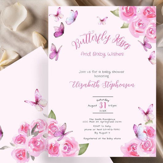 Pretty Pink Butterfly Baby Shower Invitation 招待状