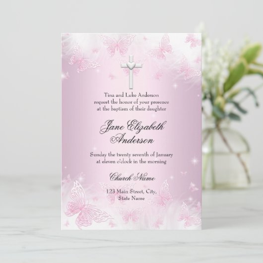 Pretty Pink Butterfly & Cross Baptism Invite 招待状 (スタンド正面)