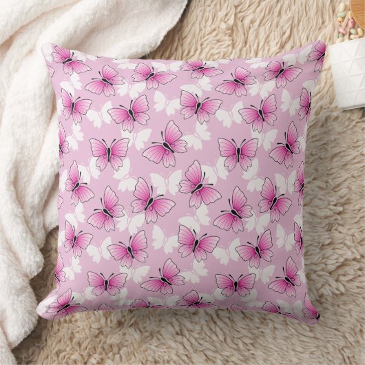 Pretty Pink Butterfly Pattern Throw Pillow クッション (ブランケット)