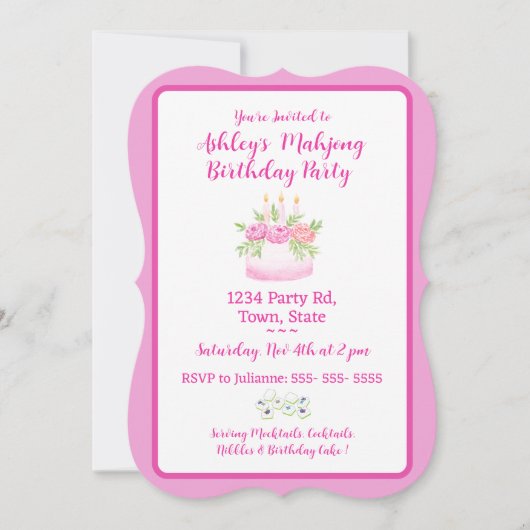 Pretty Pink Cake Mahjong Birthday Party Invitation 招待状 (正面)