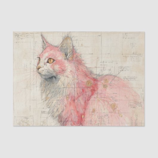 Pretty Pink Cat and Lines Illustrated on Parchment 薄葉紙 (正面)