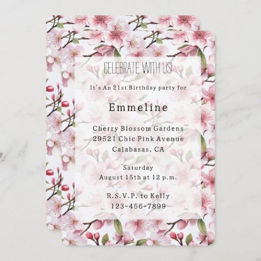 Pretty Pink Cherry Blossom Floral Birthday 招待状 (正面/裏面)