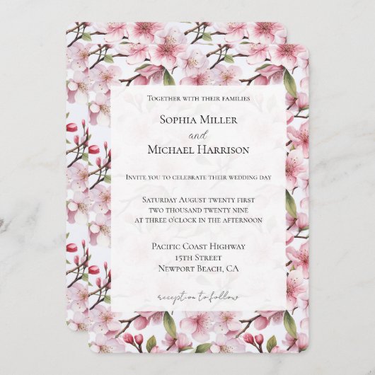 Pretty Pink Cherry Blossom Floral Wedding 招待状 (正面/裏面)
