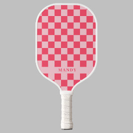 Pretty Pink Chic Checkerboard Custom Name ピックルボールラケット