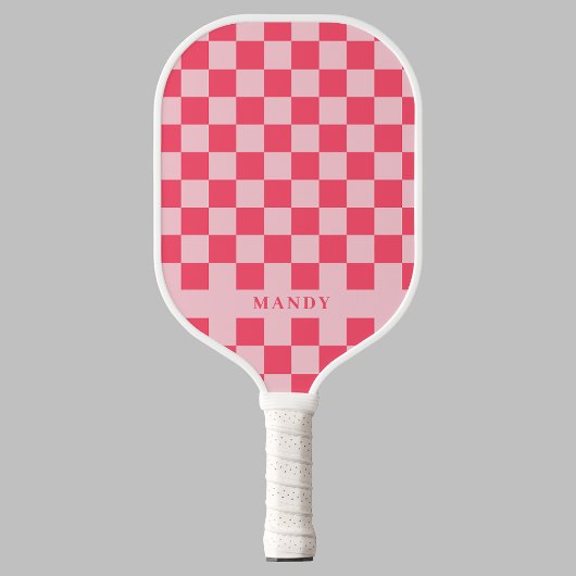 Pretty Pink Chic Checkerboard Custom Name ピックルボールラケット