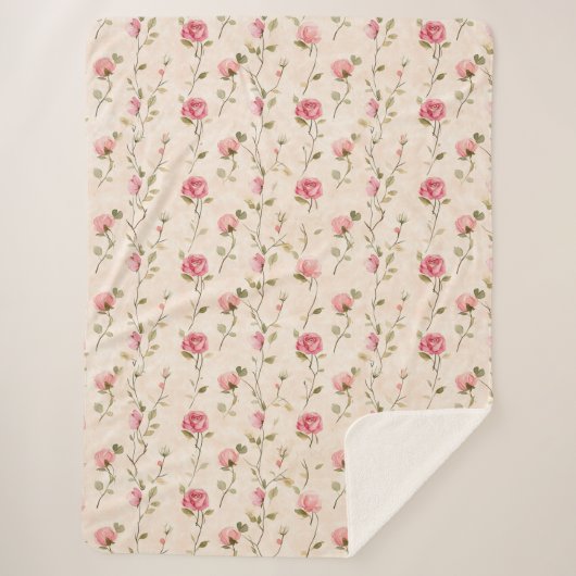 Pretty Pink Cream Roses Floral シェルパブランケット (正面)