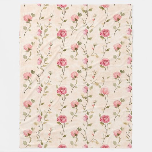 Pretty Pink Cream Roses Floral フリースブランケット (正面)