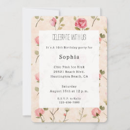 Pretty Pink Cream Roses Floral Birthday 招待状