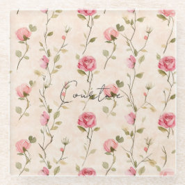 Pretty Pink Cream Roses Floral Bridal Shower ガラスコースター