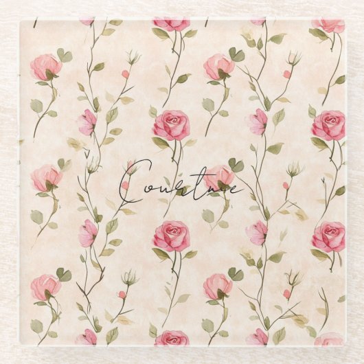 Pretty Pink Cream Roses Floral Bridal Shower ガラスコースター (正面)