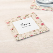 Pretty Pink Cream Roses Floral Wedding Forever スクエアペーパーコースター (アングル)