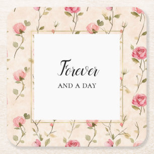 Pretty Pink Cream Roses Floral Wedding Forever スクエアペーパーコースター