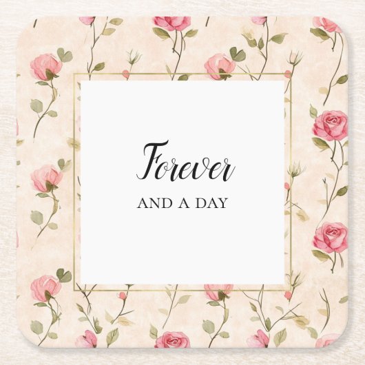 Pretty Pink Cream Roses Floral Wedding Forever スクエアペーパーコースター (正面)