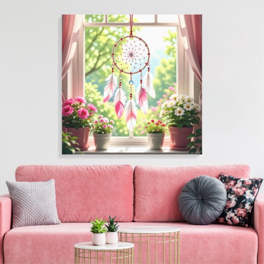 Pretty Pink Dreamcatcher and Plants Window Sill キャンバスプリント (インサイチュ (リビング))