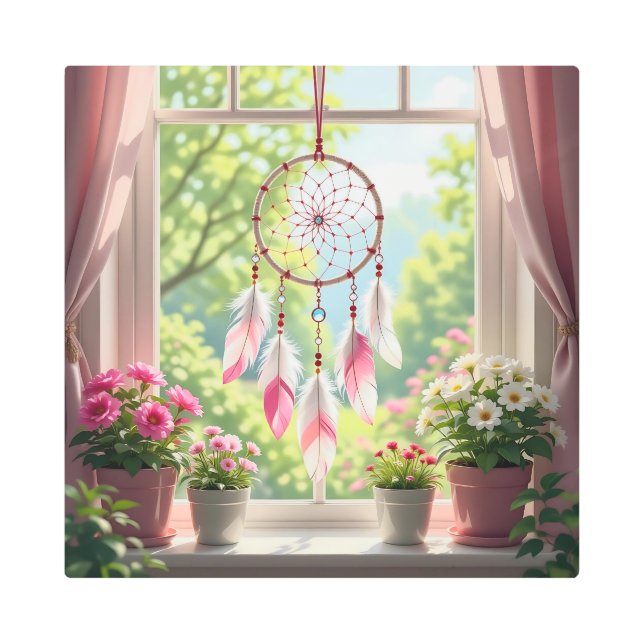 Pretty Pink Dreamcatcher and Plants Window Sill メタルプリント (正面)