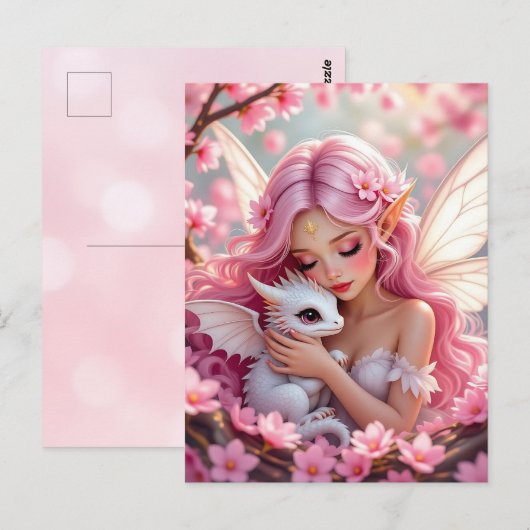 Pretty Pink Elven Fairy & Dragon  ポストカード (正面/裏面)