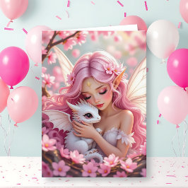 Pretty Pink Elven Fairy & Dragon | Happy Birthday カード