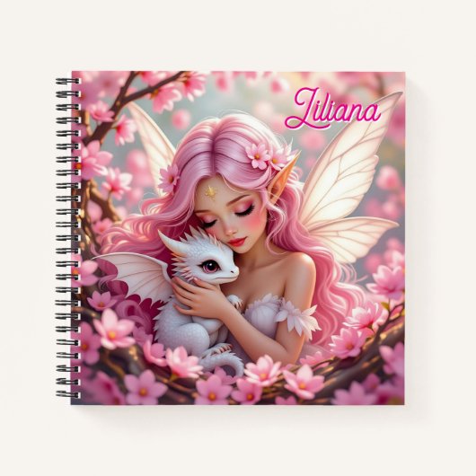 Pretty Pink Elven Fairy & Dragon Personalized ノートブック (正面)