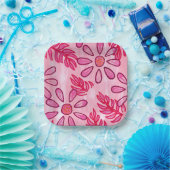 Pretty Pink Floral and Leaves Paper Plates ペーパープレート (パーティー)