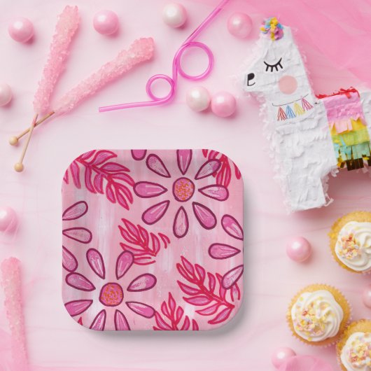 Pretty Pink Floral and Leaves Paper Plates ペーパープレート (パーティー)