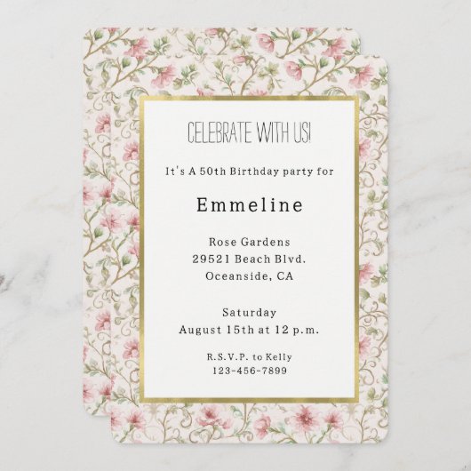 Pretty Pink Flowers Birthday 招待状 (正面/裏面)