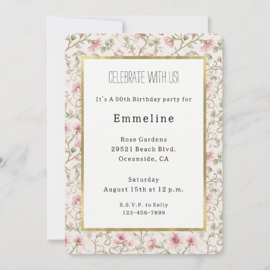 Pretty Pink Flowers Birthday 招待状 (正面)