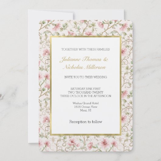 Pretty Pink Flowers Romantic Wedding 招待状 (正面)