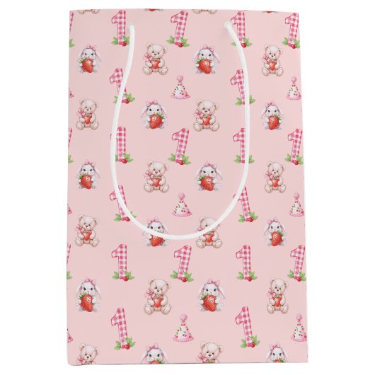 Pretty Pink Gingham, Bunnies and Bears! ミディアムペーパーバッグ (正面)