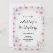 Pretty Pink Girl's Flower Birthday Party 招待状 (正面)