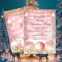 Pretty Pink Gold Bauble Holiday クリスマスパーティー 招待状